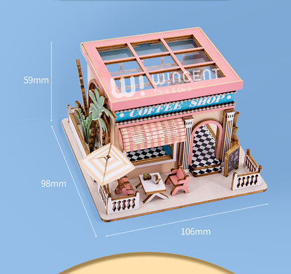 Wincent快运木制咖啡店迷你拼图木制微型礼物3D拼图模型适合青少年和成人