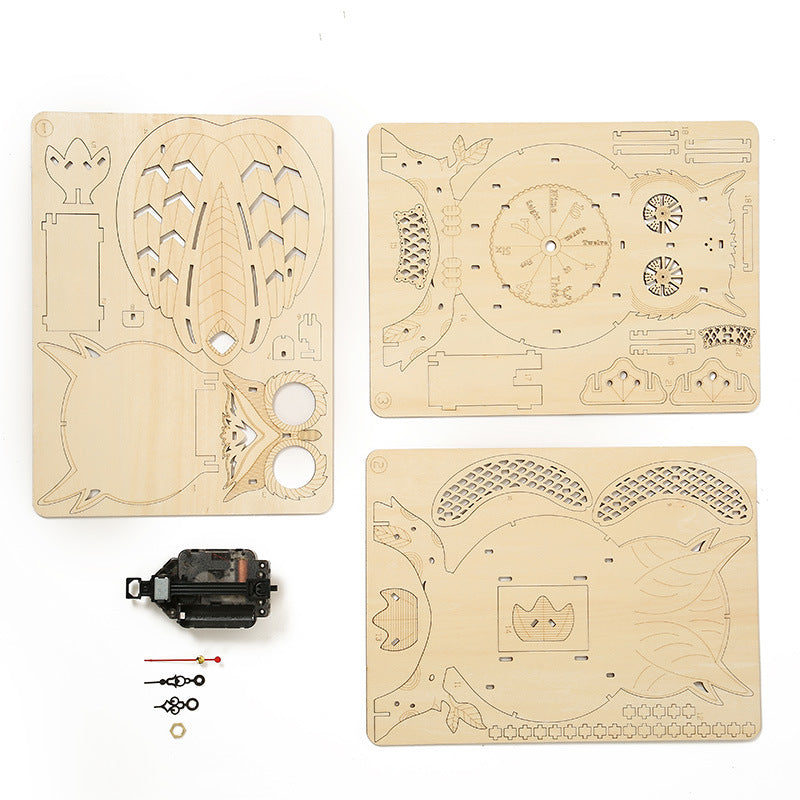 Diy basswood laser technology owl clock assembly toy 3d hollow mechanical pendulum clock puzzle