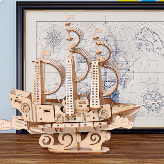 Hot Selling 3D Ocean sailboat puzzle three-dimensional basswood children puzzle toy brain training gift