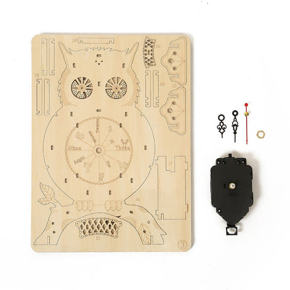 Diy椴木激光科技猫头鹰钟组装玩具3d镂空机械摆钟拼图