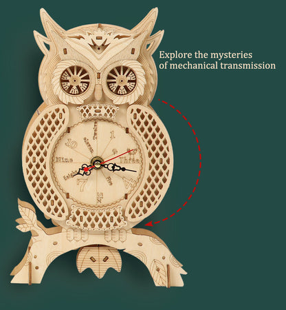 Diy basswood laser technology owl clock assembly toy 3d hollow mechanical pendulum clock puzzle