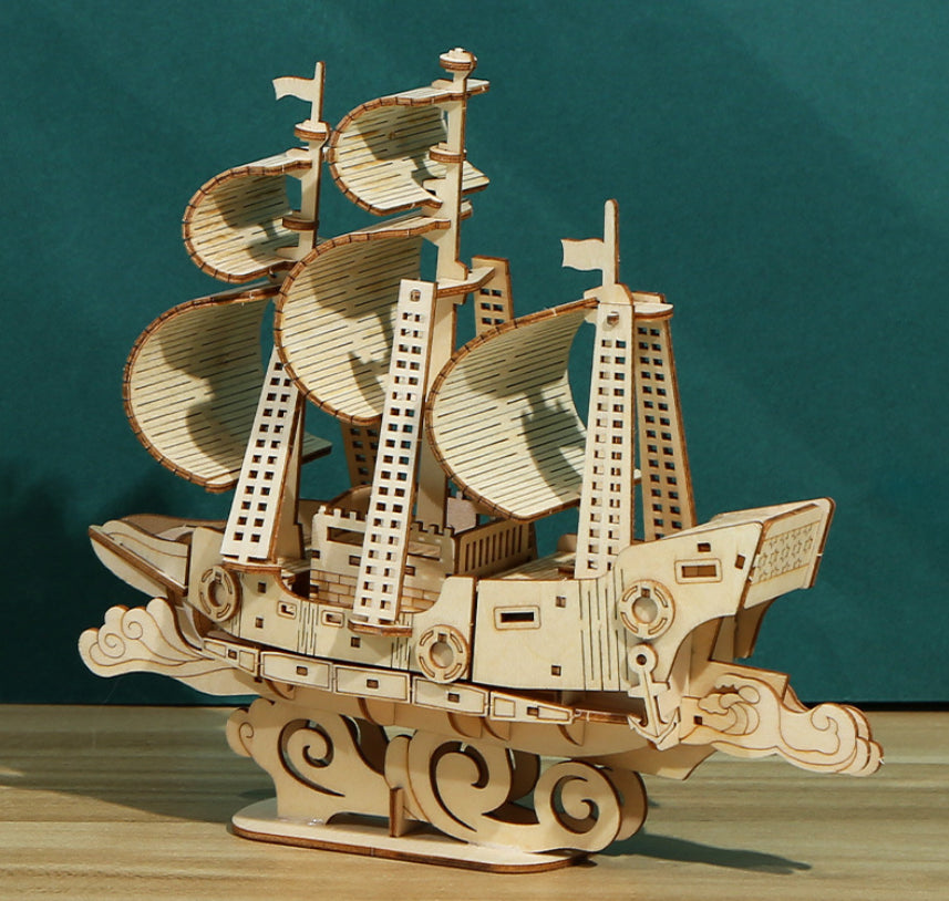Hot Selling 3D Ocean sailboat puzzle three-dimensional basswood children puzzle toy brain training gift